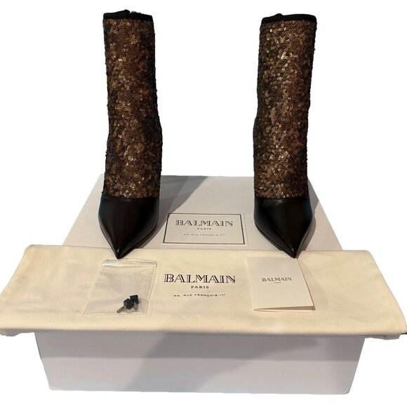 Brand New Balmain Fay Leather and Sequin Ankle Bootie in Black and Bronze - Picture 2 of 13